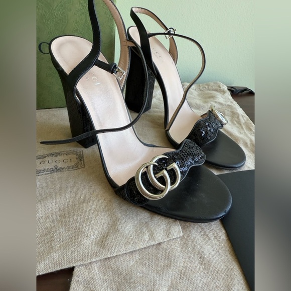 GUCCI Black sandal- size 37(1/2) Sequin Marmont High Heeled Look brand new - Picture 15 of 16